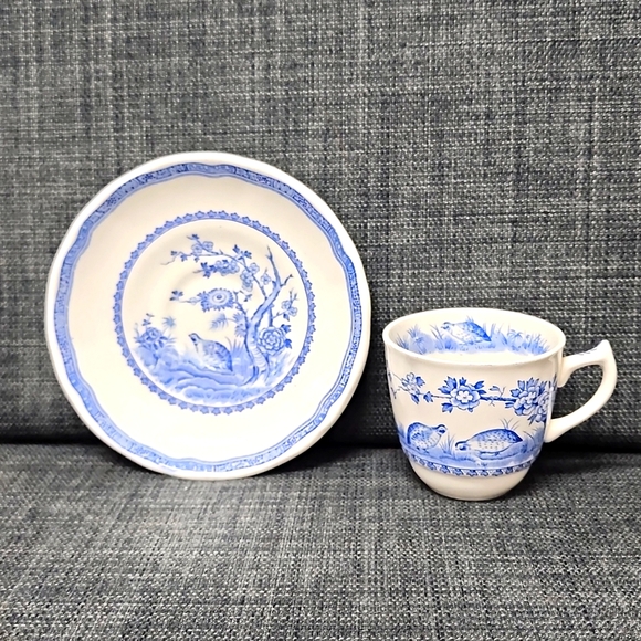 FURNIVALS QUAIL 1913 England China Blue Demitasse Espresso Teacup&Saucer VINTAGE - Picture 2 of 9